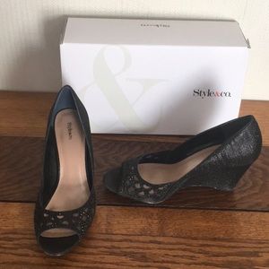 Black sparkly wedges.